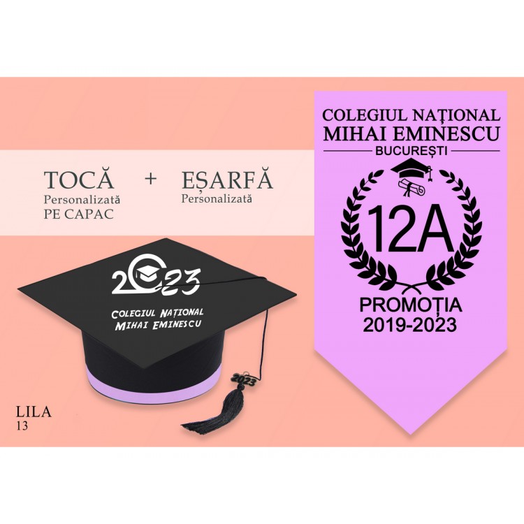 Tocă personalizata PE CAPAC + esarfa personalizata - LILA - clasa 8 - robefestivitatiabsolvire.ro
