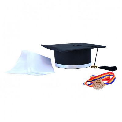 Toca Absolvire neagra cu bentita alba + medalie + esarfa - Toci clasa 8