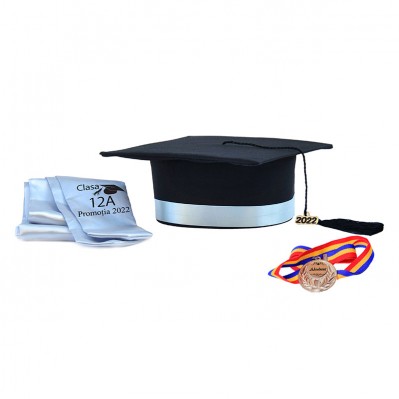 Toca Absolvire neagra cu bentita argintie + medalie + esarfa personalizata - Toci clasa 8