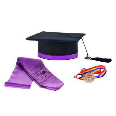 Toca Absolvire neagra cu bentita mov + medalie + esarfa personalizata - Toci clasa 8