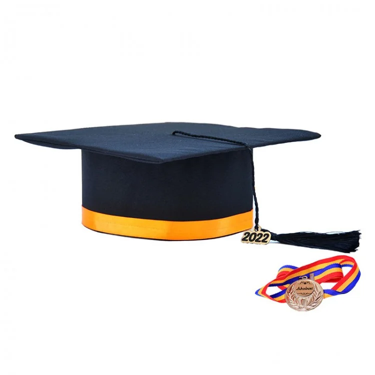 Toca Absolvire neagra cu bentita portocalie + medalie - Toci clasa 4 - robefestivitatiabsolvire.ro