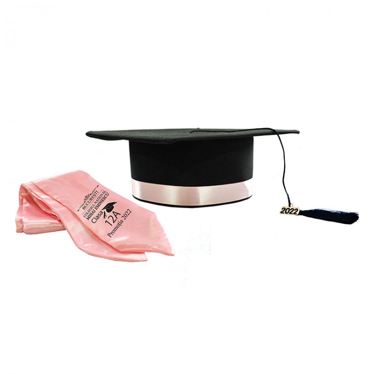 Toca Absolvire neagra cu bentita roz + esarfa personalizata - Toci clasa 8 - robefestivitatiabsolvire.ro