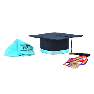 Toca Absolvire neagra cu bentita turcoaz spre verde + medalie + esarfa personalizata - Toci clasa 8