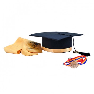 Toca Absolvire neagra cu bentita aurie + medalie + esarfa personalizata